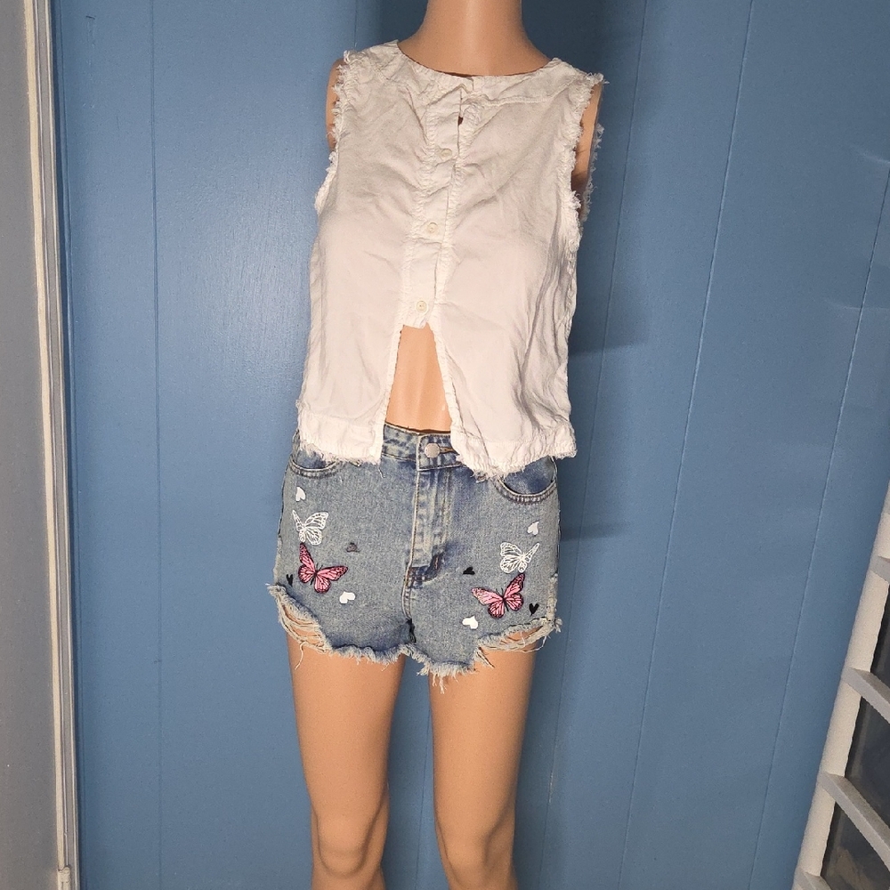 White Frayed Button Front Tank with Embroidered Denim Butterfly Shorts